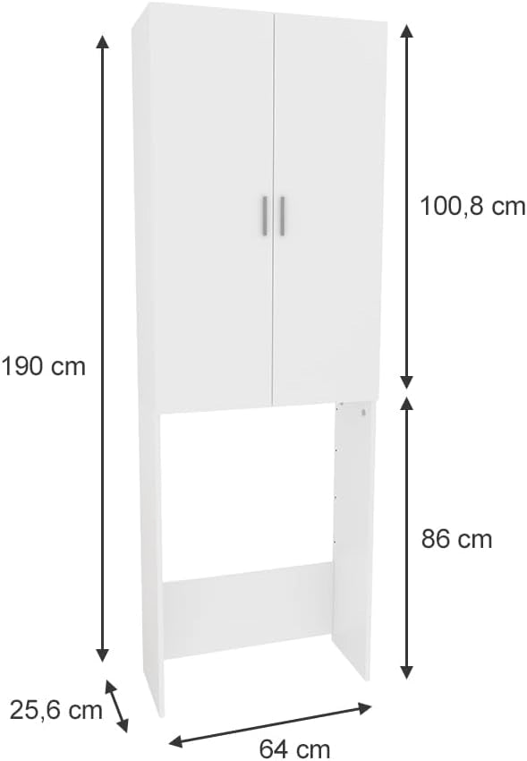Mobile porta lavatrice Martha, Bianco, 64 x 190 cm con 2 ante lunghe, per la conservazione di detersivi e accessori da bagno