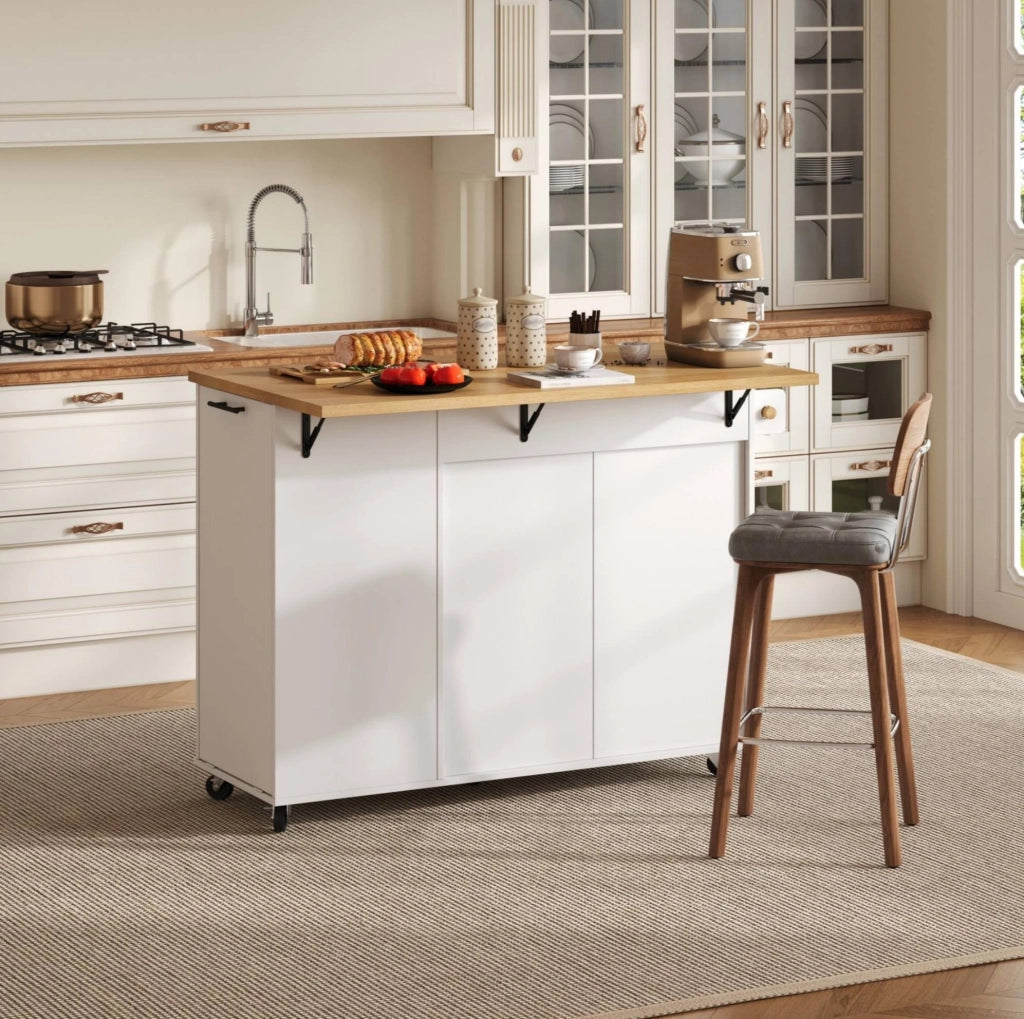 Isola da cucina con piano ribaltabile 130x70x93 cm in MDF bianco; con ruote e cassettone