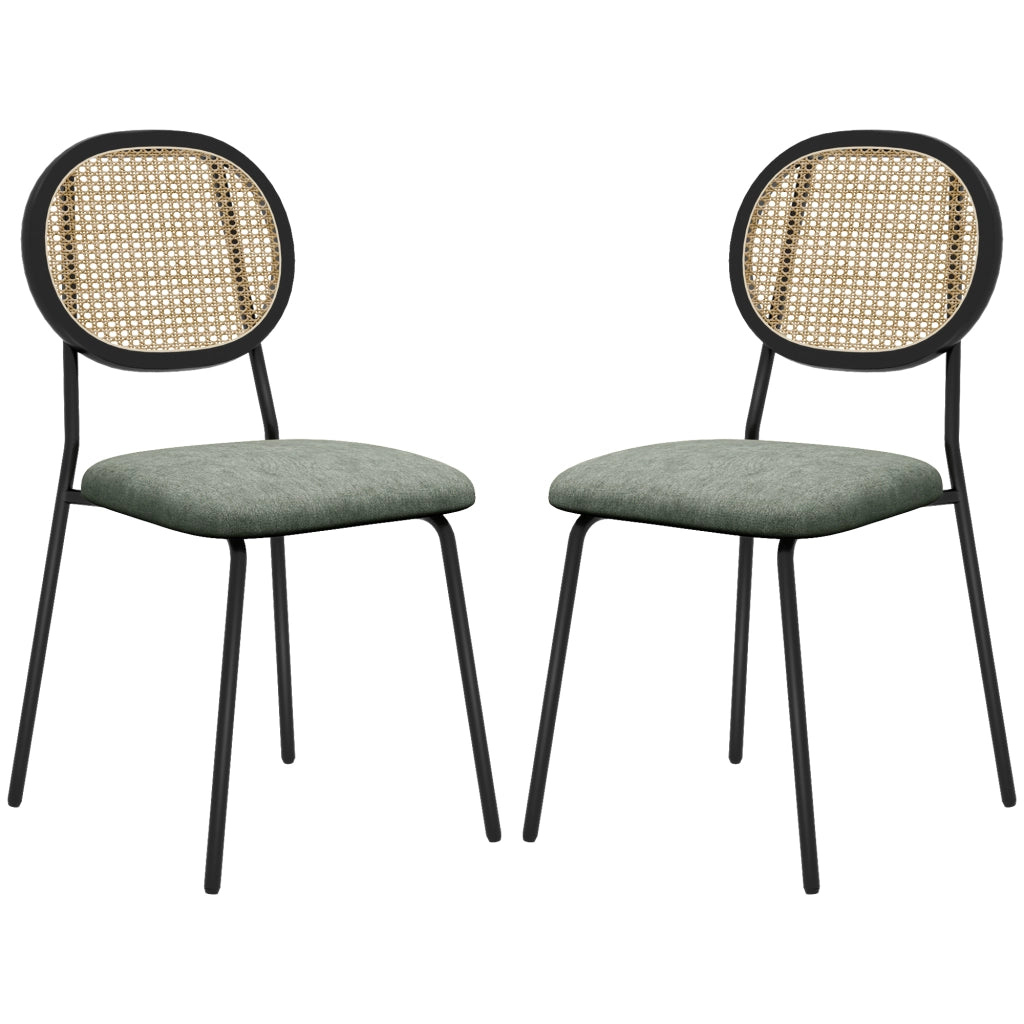 Set di 2 Sedie da Pranzo con Schienale in Rattan Sintetico e Struttura in Metallo ¨C Zephmum ¨C Verde Scuro e Nero 44x54x87 cm