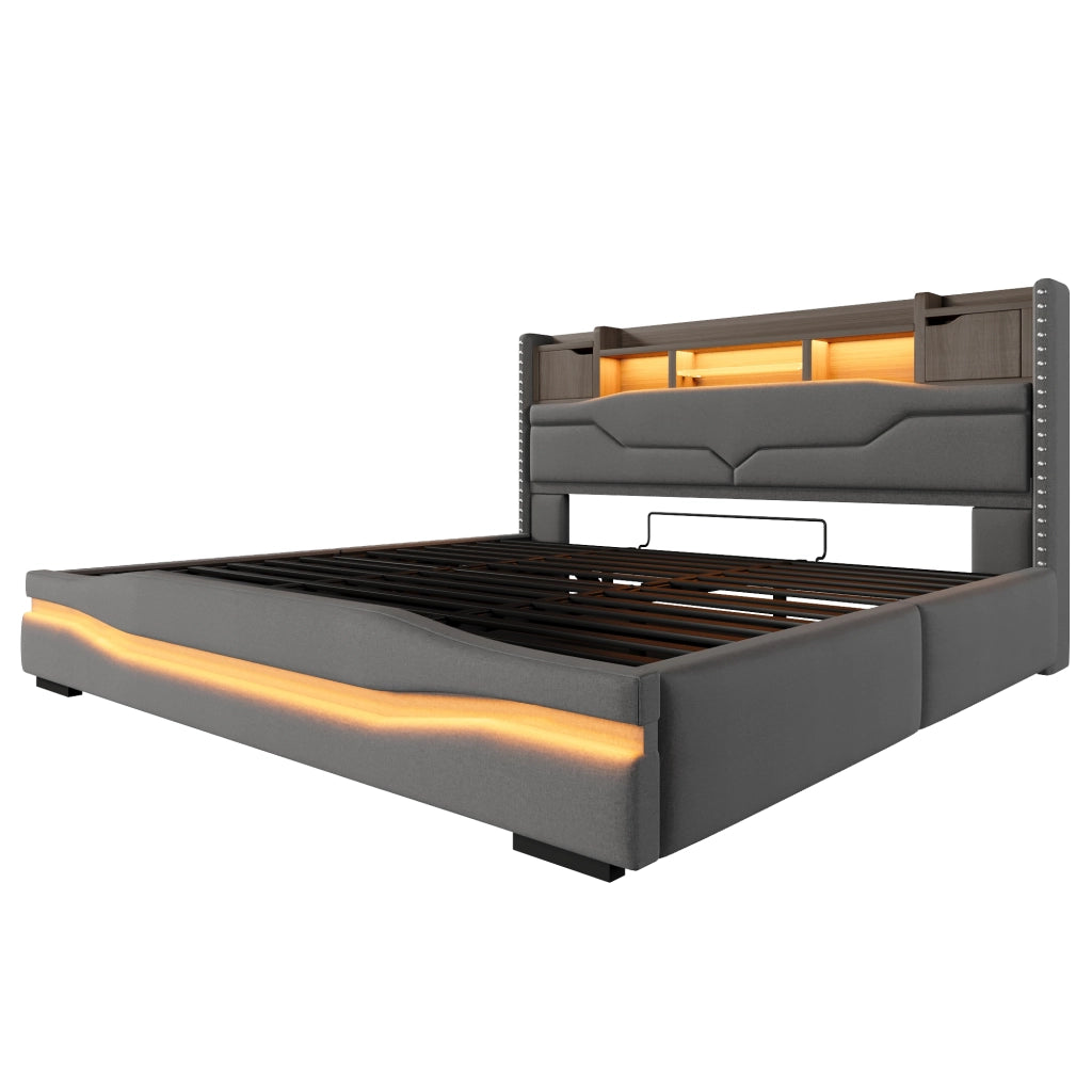 Letti contenitori 180x200 cm; rialzo idraulico e luci LED; lino e MDF grigio (Senza materasso)