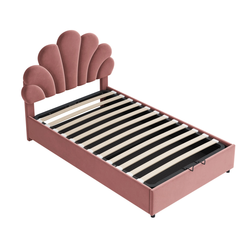 Letti contenitori 90x200 cm; con contenitore e testiera decorativa; velluto rosa (Senza materasso)