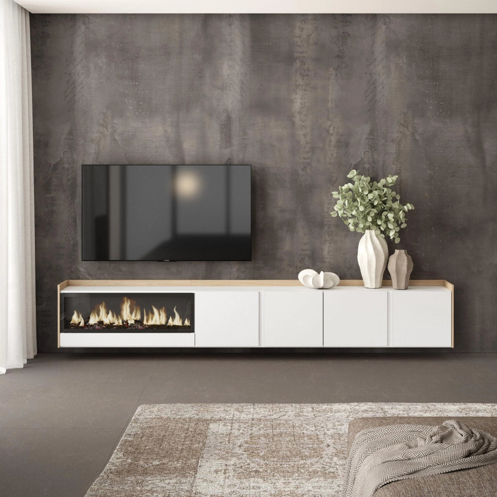 Mobile TV Soggiorno, 315x50x35 cm, Per TV fino a 80", Camino elettrico XXL, Sospeso, da appendere, Bianco e Rovere soft