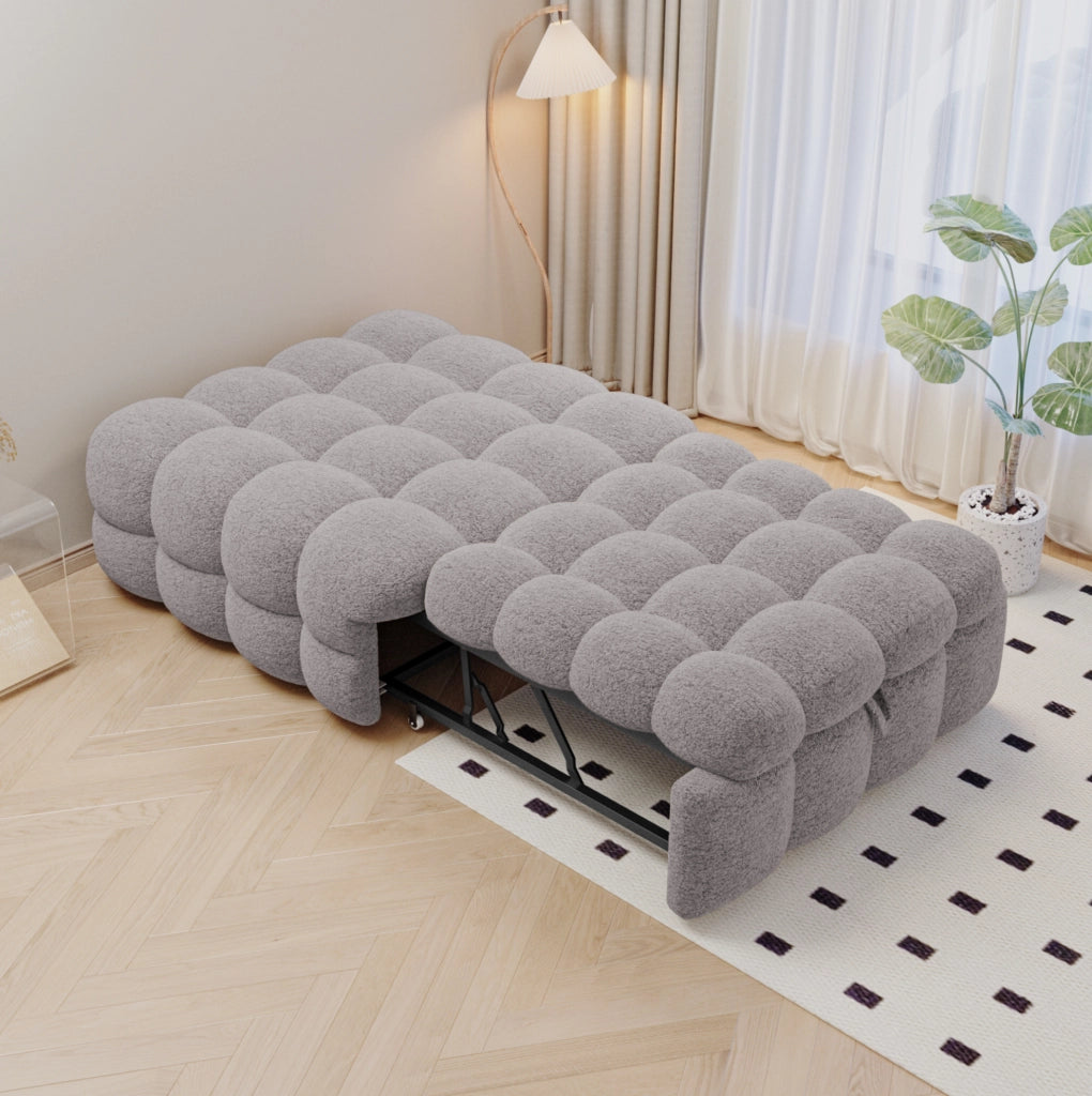 Divano Letto Singolo 2-in-1 con Pouf Estraibile in Bouclé Grigio