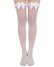 Calze a vita alta con nodo - Confini bianchi - Calze sexy per costume - Calze per donna - Realizzate con nylon di alta qualità - Comfortevole forma di gamba