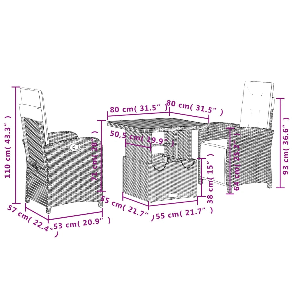 Set da Pranzo da Giardino 3 pz con Cuscini Nero in Polyrattan