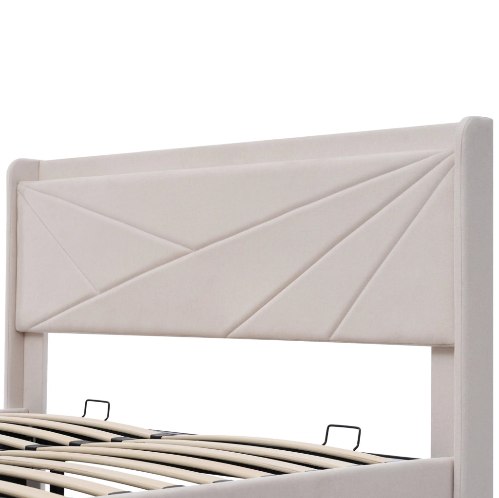Letto matrimoniale contenitore 140x200 cm con USB e Type-C; beige in cotone lino