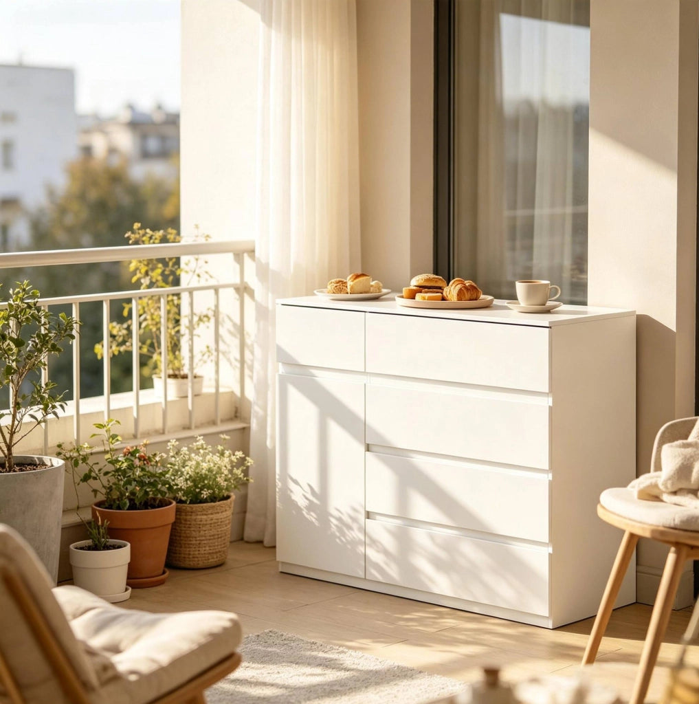 Armadio moderno bianco con 5 cassetti e ripiano regolabile, 100x40x80 cm