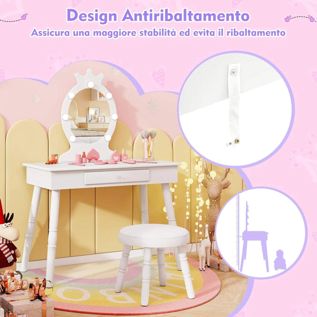 Set Toeletta Trucco per Bambina con Sgabello, Specchiera Trucco Staccabile con Luci LED a 3 Colori, Postazione Trucco Giocattolo con Cassetto e Accessori, per Bambine di 3-7 Anni (Bianco)