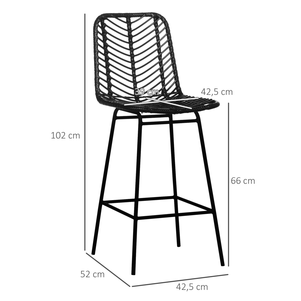 Sgabelli da bar design bohemien con poggiapiedi ¨C zephmum ¨C metallo e rattan, nero, 66 cm