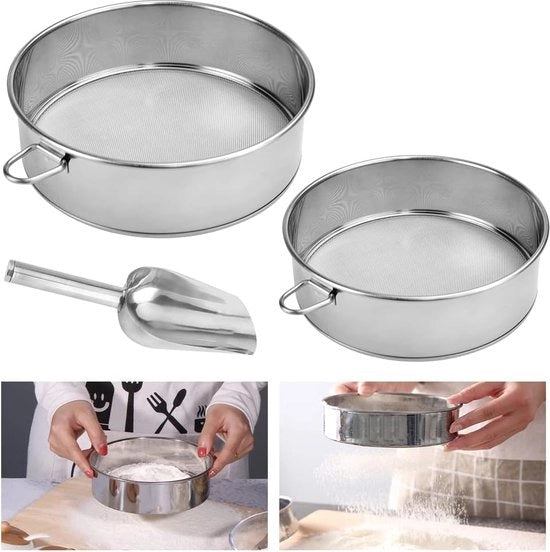 Set di 2 setaccini in acciaio inossidabile, setaccio fine con cucchiaio per farina, setaccio a disco, setaccio per zucchero in polvere, setaccio a maglia fine da cucina, setaccio a maglia 15/20 cm in acciaio inossidabile.