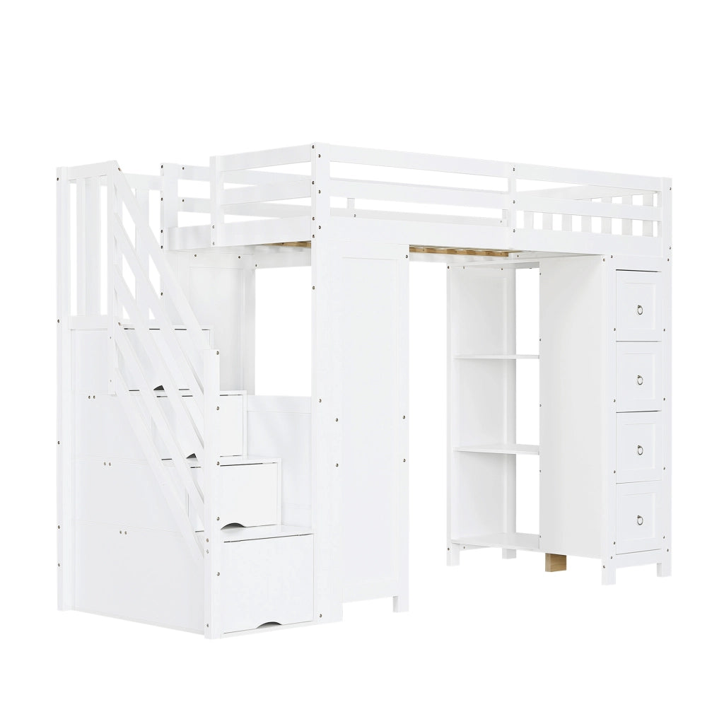 Letto a Soppalco 90 x 200 cm - Scrivania; 6 Cassetti e Mensole - Bianco