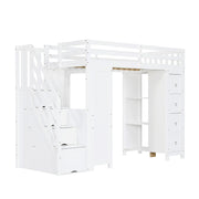 Letto a Soppalco 90 x 200 cm - Scrivania; 6 Cassetti e Mensole - Bianco