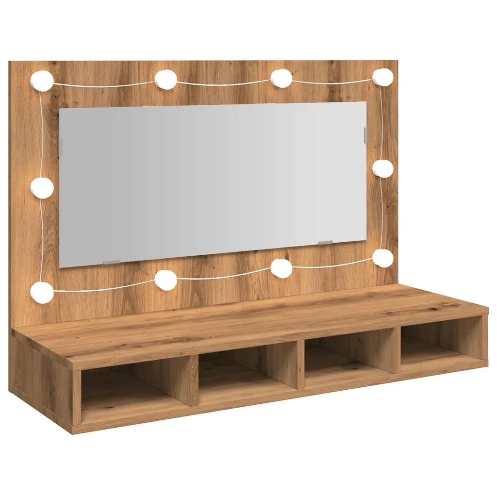Mobiletto a specchio con LED in rovere artigianale 90x31,5x62 cm 857006