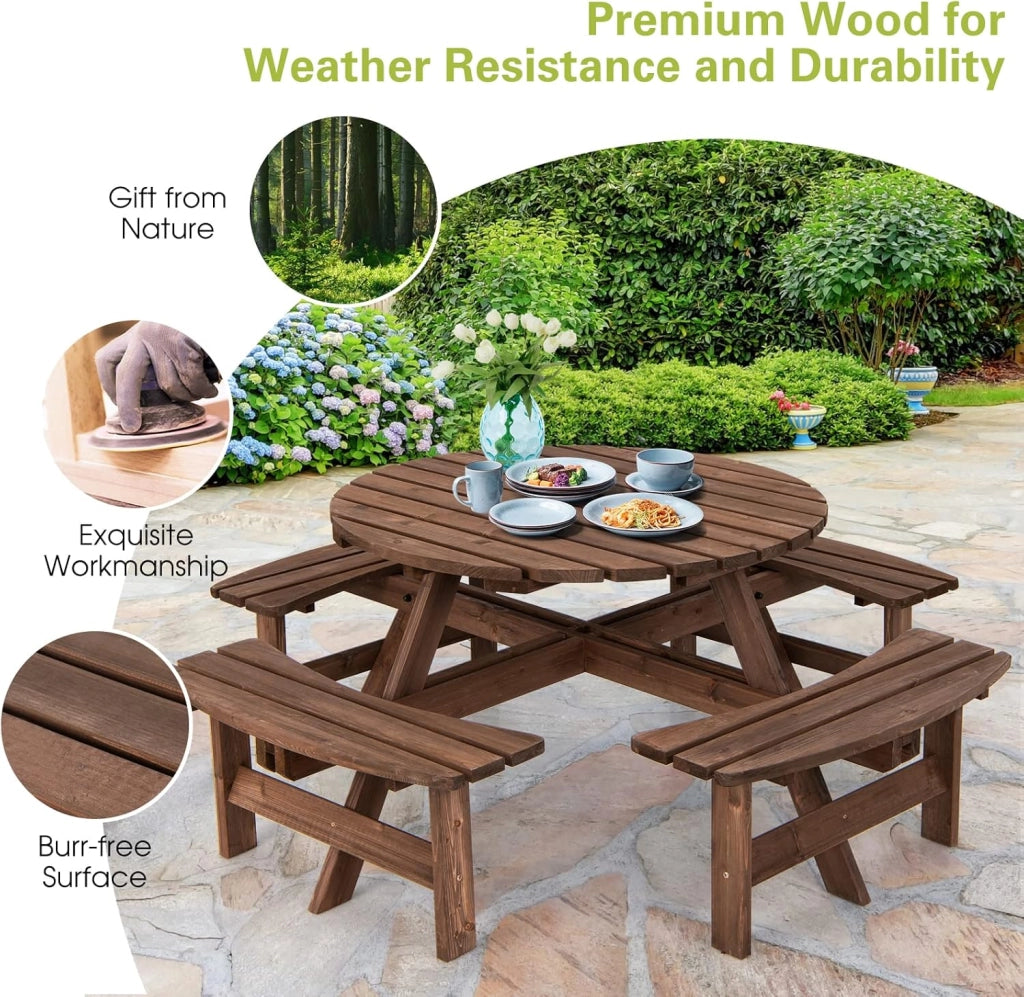 Set di Tavolo e Panche Da Esterno Rontondo in Legno, Set di Mobili da Giardino per 8 Persone con Foro per Ombrellone, Resistente alle Intemperie, 178x178x70 cm