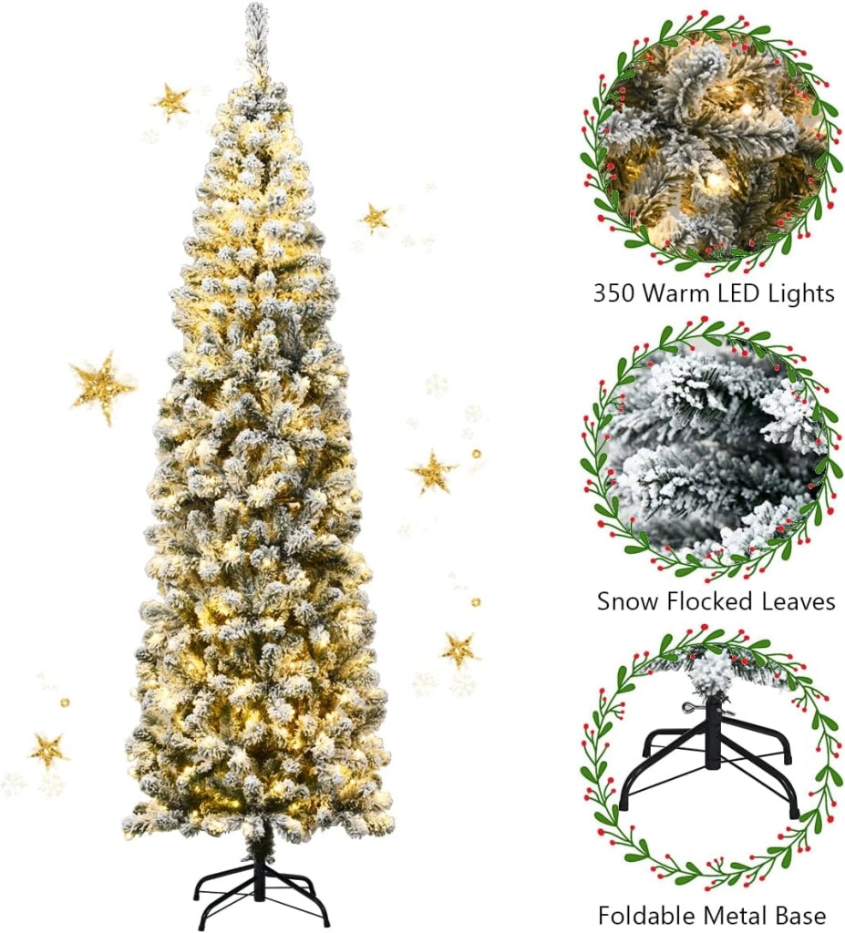 Albero di Natale Stretto e Alto Slim 140/180/225 cm, con 150/250/350 Luci Incorporate, Albero Innevato Romantico, Supporto in Ferro, Rami Spessi, Effetto Realistico