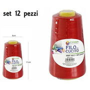 Trade Shop - Set 12 Pz Filati A Cono Filo Poliestere Cucito 3000y 40s/2 Rosso Gomitolo Cotone -