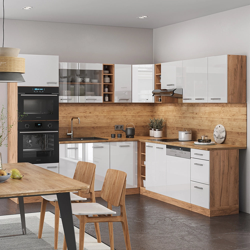 Cucina angolare completa R-Line Bianco lucido/Rovere dorato 247 x 237 cm, PL Rovere Vicco