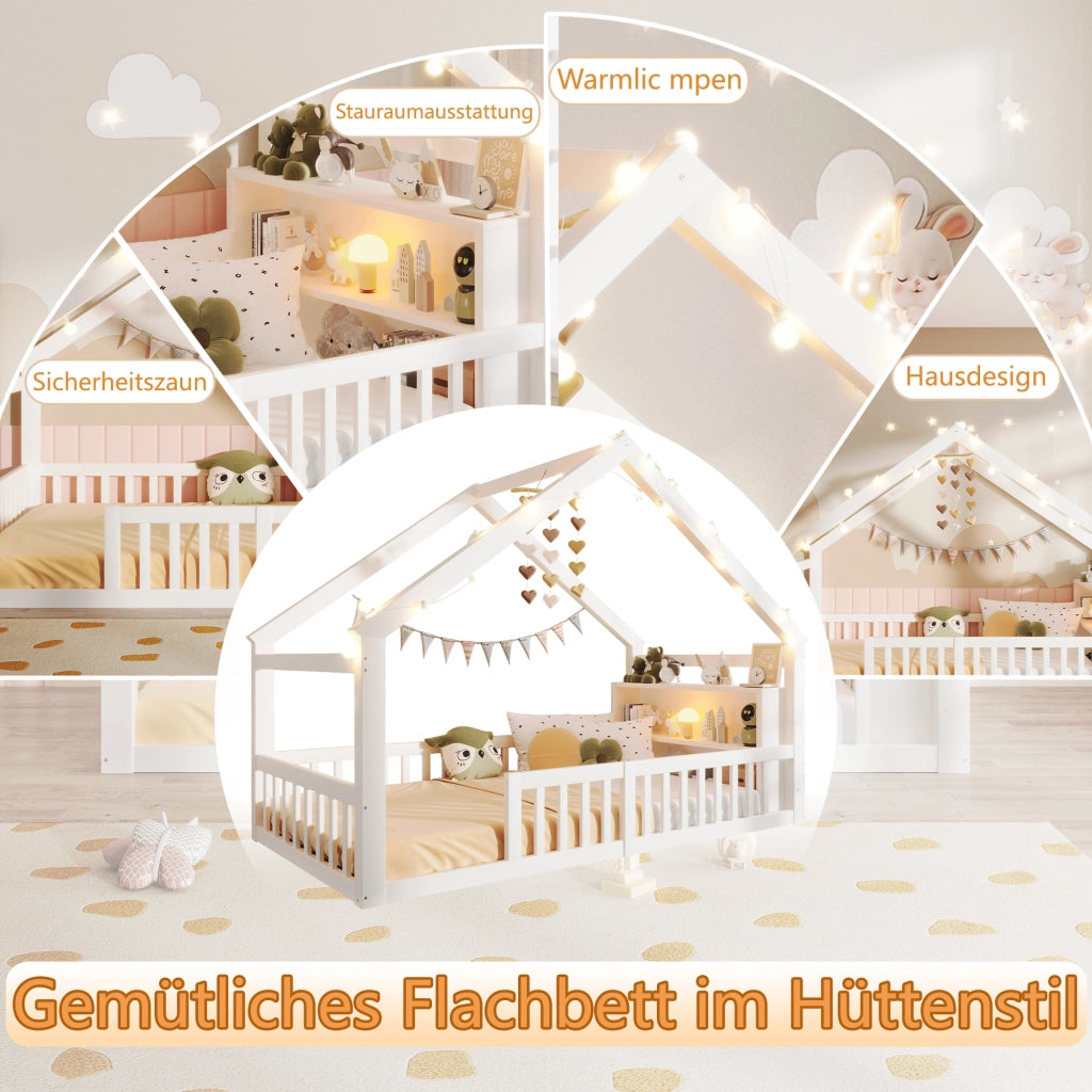 Letto singolo 90×190 cm con sponde; ripiani e luci LED; senza materasso; bianco