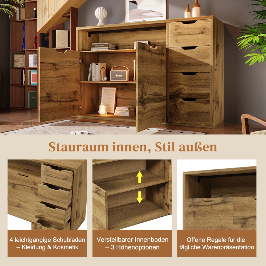 COMMODE Sideboard 150x40x90 cm effetto rovere con 2 ante, 4 cassetti e vano aperto