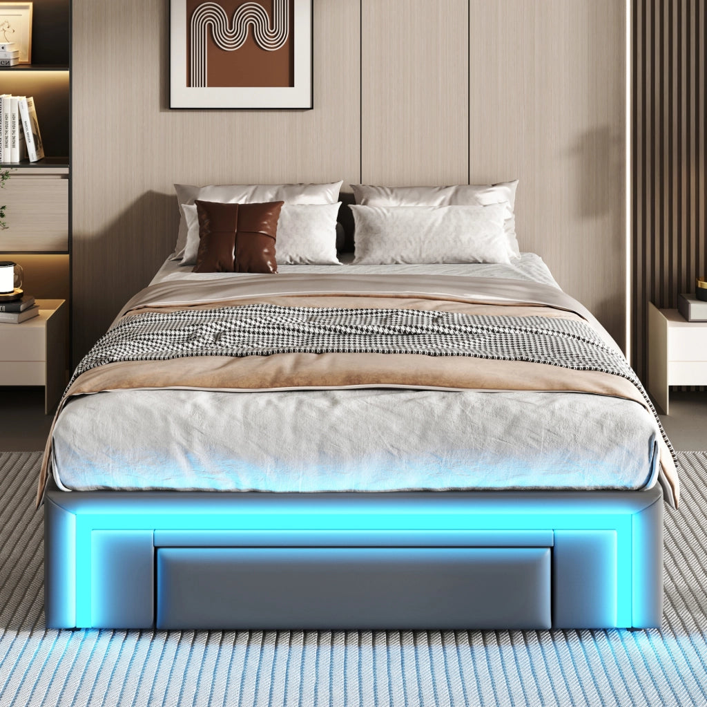 Letto singolo 90x200 cm in PU pelle grigia con cassetti e LED; struttura in metallo