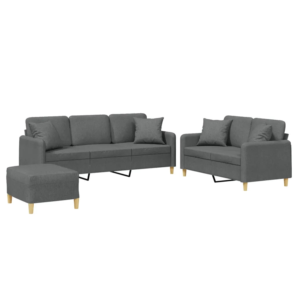 Set di Divani 3 pz con Cuscini Grigio Scuro in Tessuto