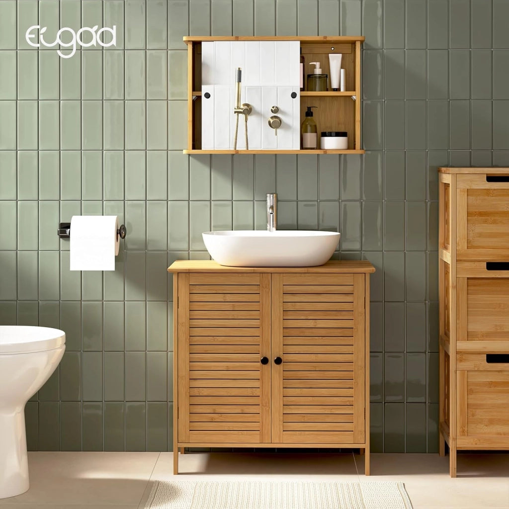 Mobiletto da Bagno con Specchio e Maniglie, Armadietto a 2 Ante Scorrevoli con Mensola Regolabile in Bambù e Metallo, per Cucina, Soggiorno, Studio, 55x14x35,5cm