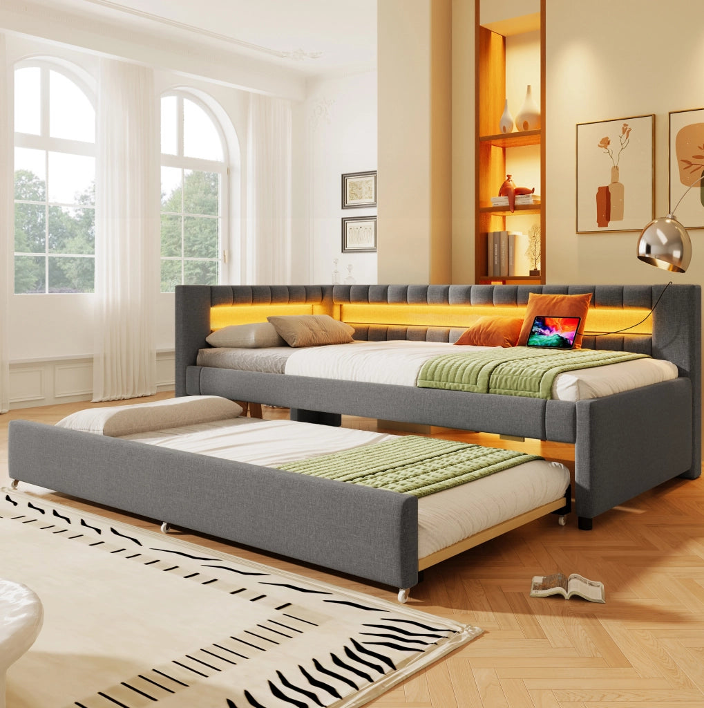 Letto da giorno 90x200 cm con letto estraibile, LED e USB-C
