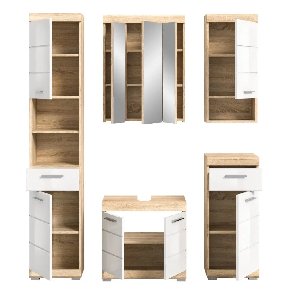 Set di mobili da bagno RIDLEY – Mobili sotto lavabo, mobile con specchio, colonna e mezze colonne – Bianco e quercia