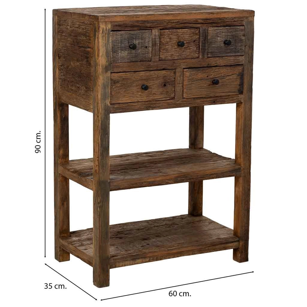 Mobile da ingresso in legno con 5 cassetti marrone, 60x35x90h cm