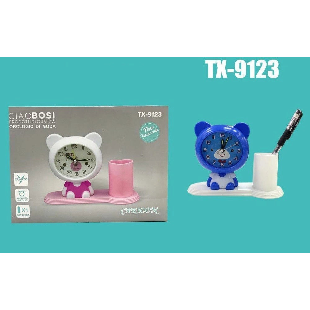 Trade Shop - Orologio Analogico Sveglia A Forma Di Orsacchiotto Con Portapenne Tavolo Tx-9123 -