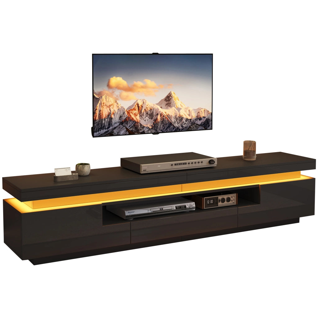 Mobile TV da soggiorno 175 x 38 x 45 cm con 2 vani a L, 1 cassetto e LED, nero lucido, per TV fino a 75 pollici