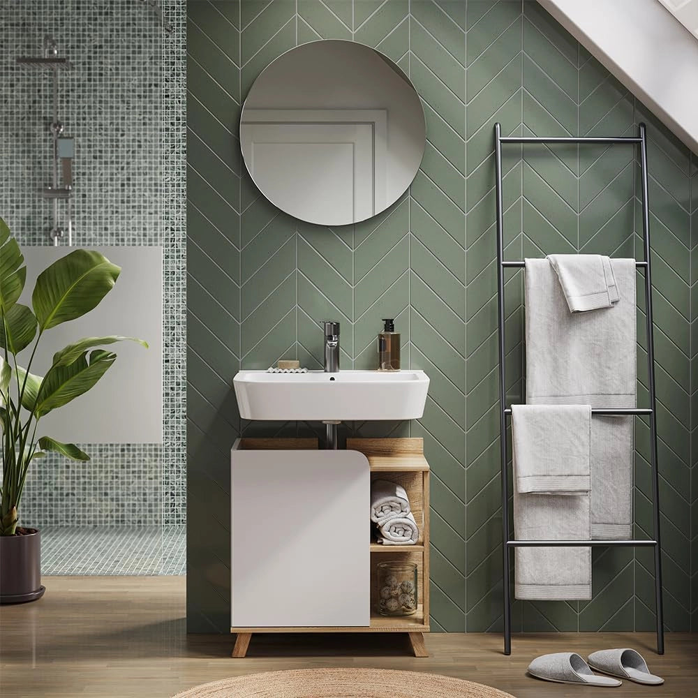 Set di mobili da bagno Karen, Sonoma/Bianco, 60 cm, composto da specchio da bagno e mobile sottolavabo
