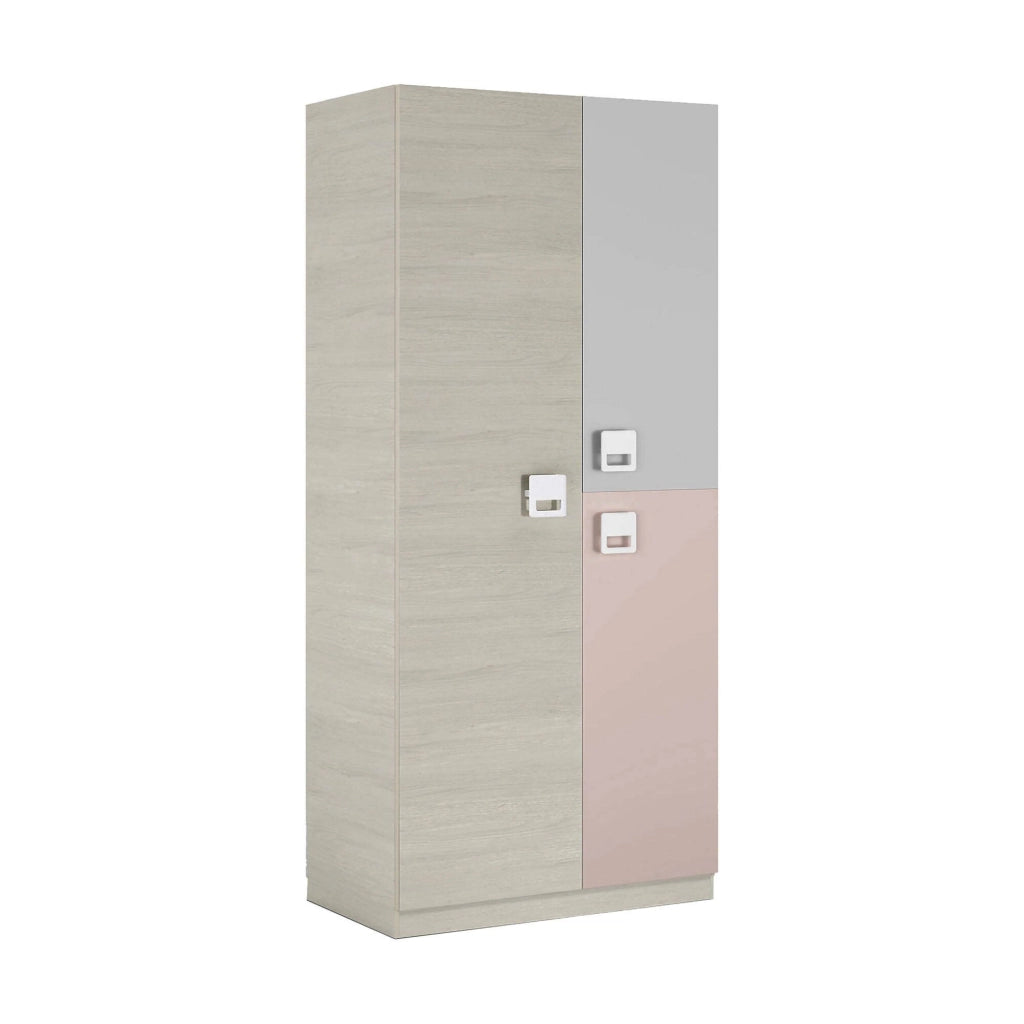 Guardaroba Aronia, Armadio per cameretta, Mobile a 3 ante e 3 ripiani con barra appendiabiti, cm 90x52h200, Grigio e Rosa
