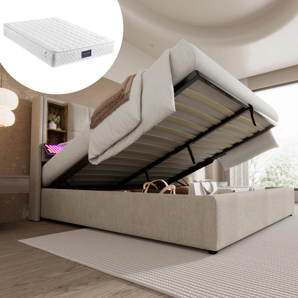 LETTO Contenitore 160x200 cm in lino naturale con ricarica wireless, USB e Type-C