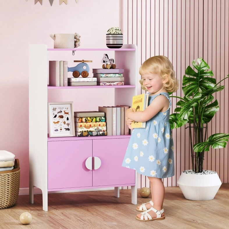 Libreria per bambini rosa con vani aperti e armadietti, 60 x 35 x 100 cm