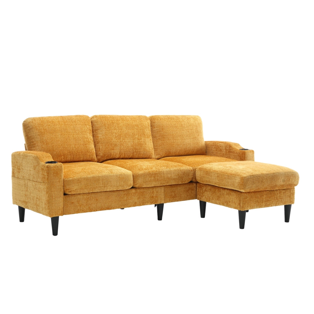 Divano 4 posti 196.5x75x77 cm con pouf contenitore; portabicchieri e tasche laterali in chenille gialla