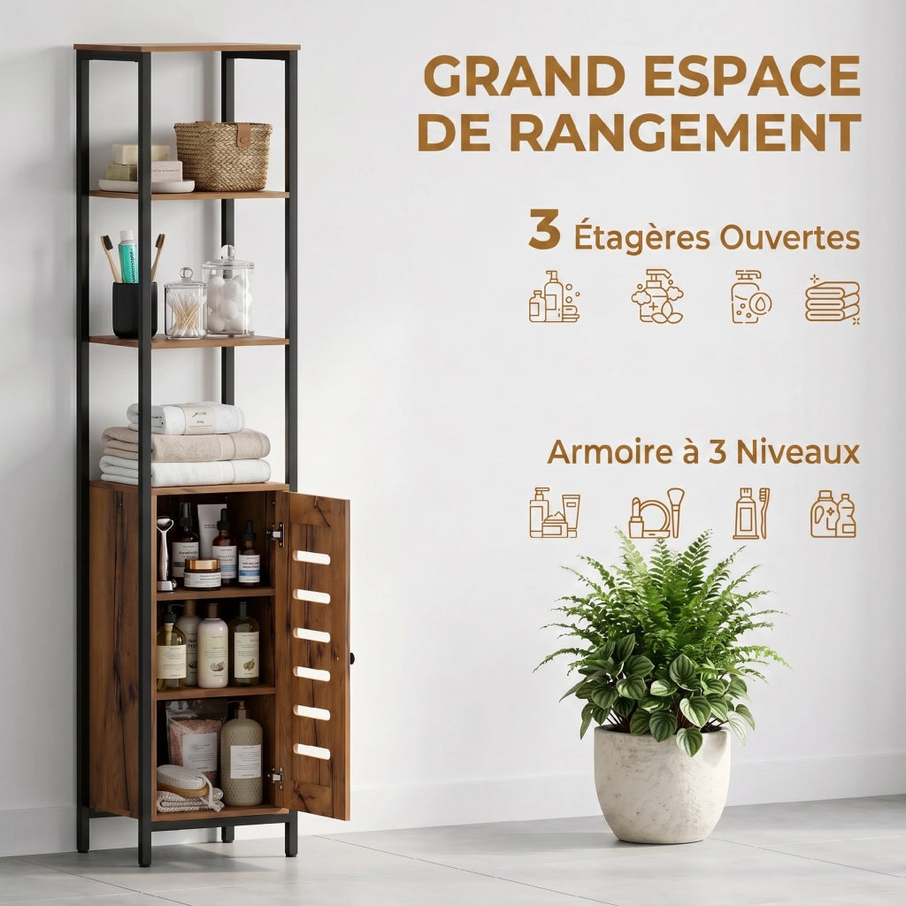 Colonna bagno industriale 3 ripiani aperti anta a lamelle regolabili ¨C Xylo ¨C marrone rustico