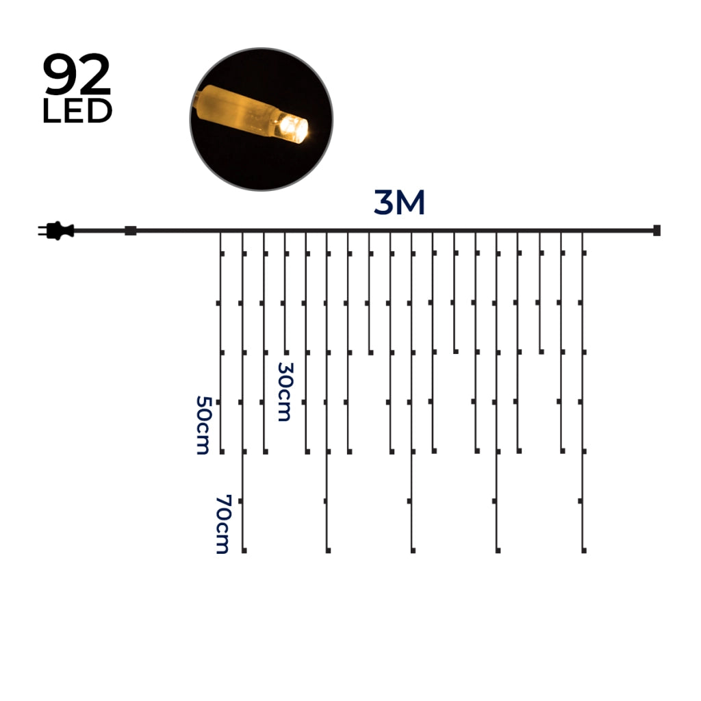 TENDA LUMINOSA LED STALATTITI IP67 92 MAXI LED PROLUNGABILI LUCI CALDE FISSE E CALDE INTERMITTENTI DECORAZIONI NATALIZIE BALCONI FACCIATE