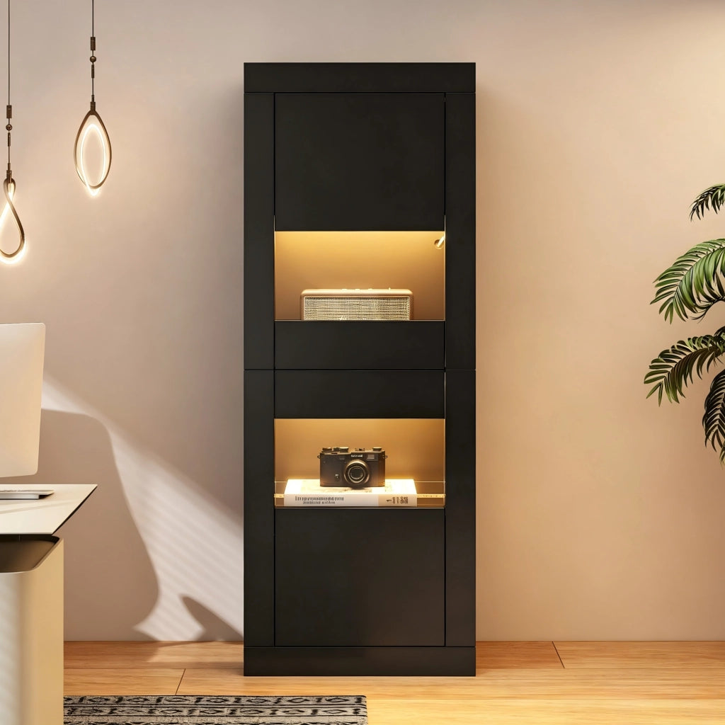 Vetrina a pavimento nera con LED e ripiani in vetro 61x42x162 cm