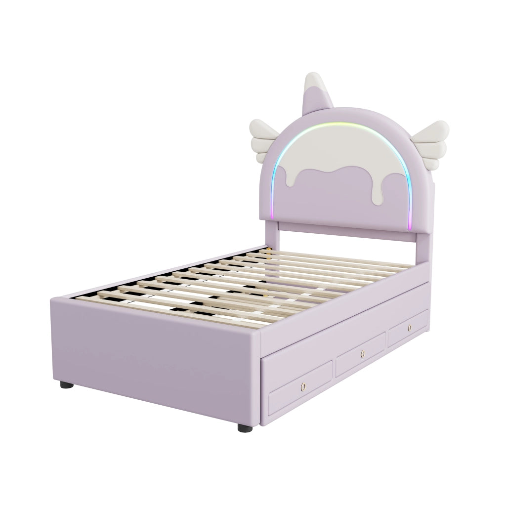 LETTO per bambini a forma di unicorno 90x200 cm PU viola con letto estraibile