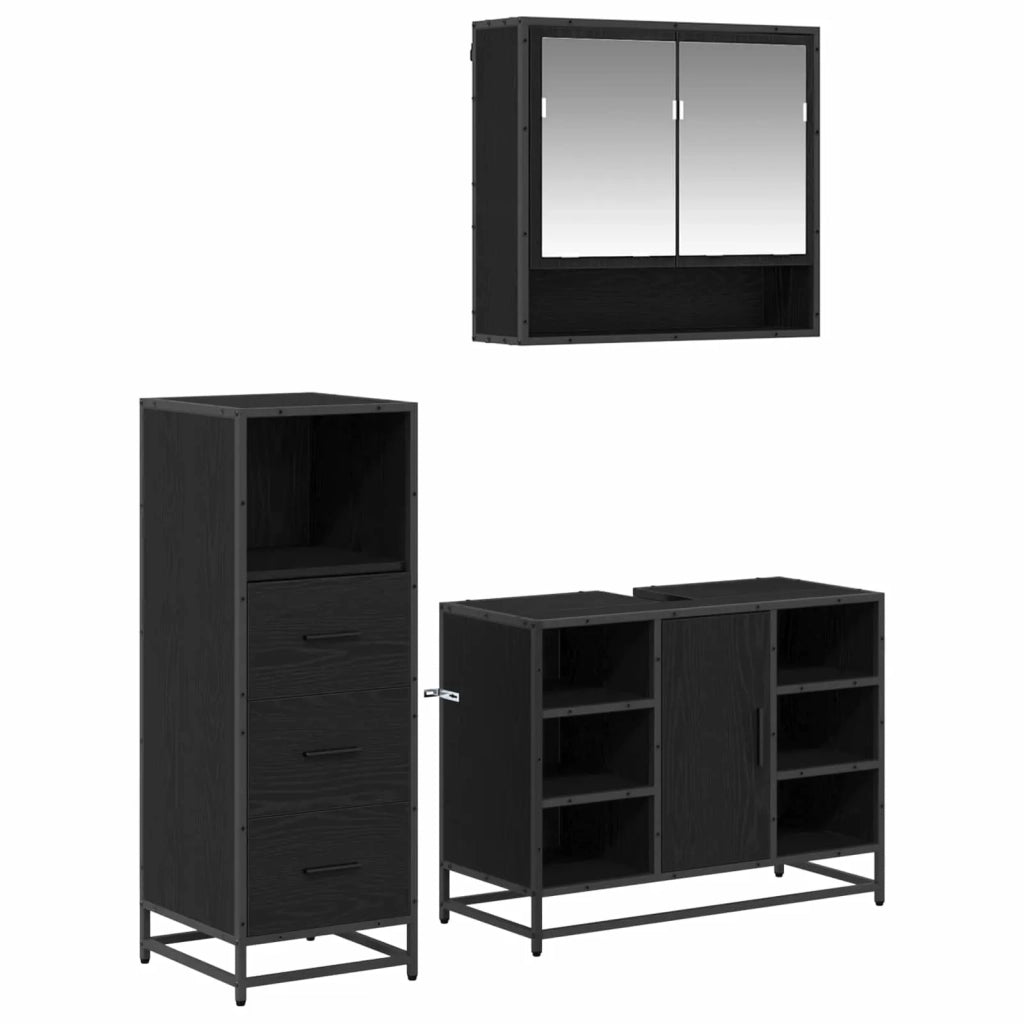 Set di mobili per il bagno 3 pcs Rovere Nero Legno multistrato