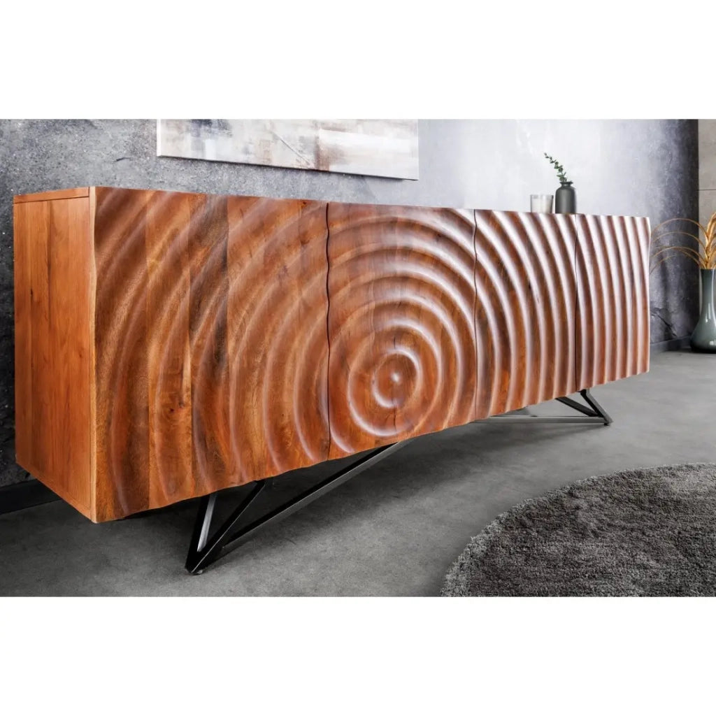 Buffet ZENWOOD 180 cm – Legno massiccio scolpito 3D e metallo nero – 4 porte