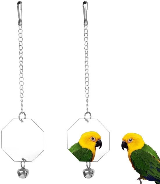 Specchio con uccello che canta, specchio a due pezzi appeso in acrilico, giocattolo per canarini, agapornis, pappagalli e uccelli con campanello