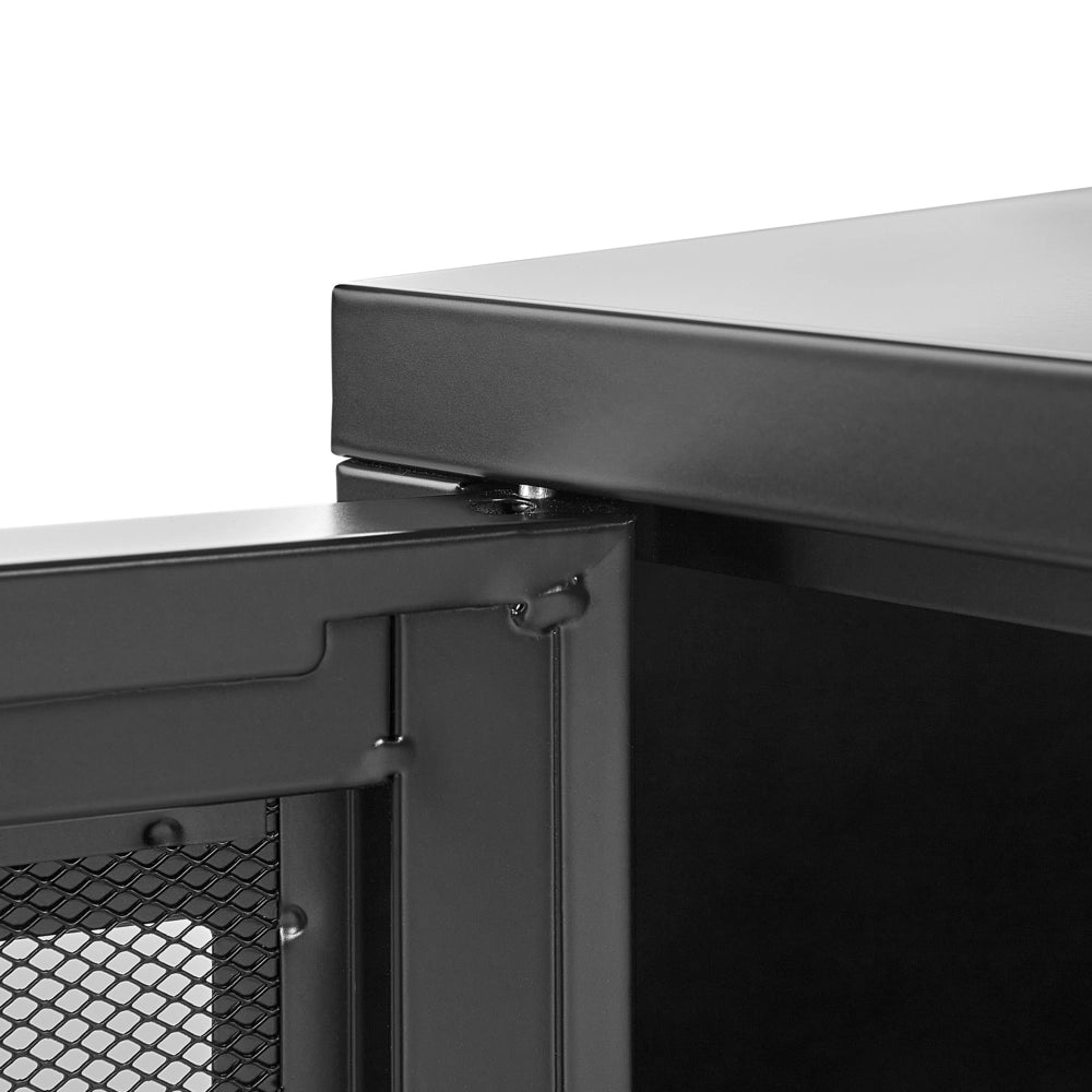 Credenza in metallo nero 118 x 40 cm 2 ante in rete ripiani gambe gestione cavi mobile tv industriale soggiorno