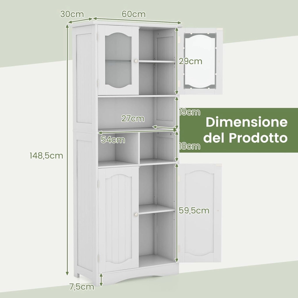 Armadietto Salvaspazio 60 x 30 x 148,5cm, Mobile Bagno con Scomparti Aperti, Scaffafli Regolabili e 2 Porte in Vetro Temprato, Armadio da Bagno per Ufficio, Soggiorno e Camera da Letto, Bianco