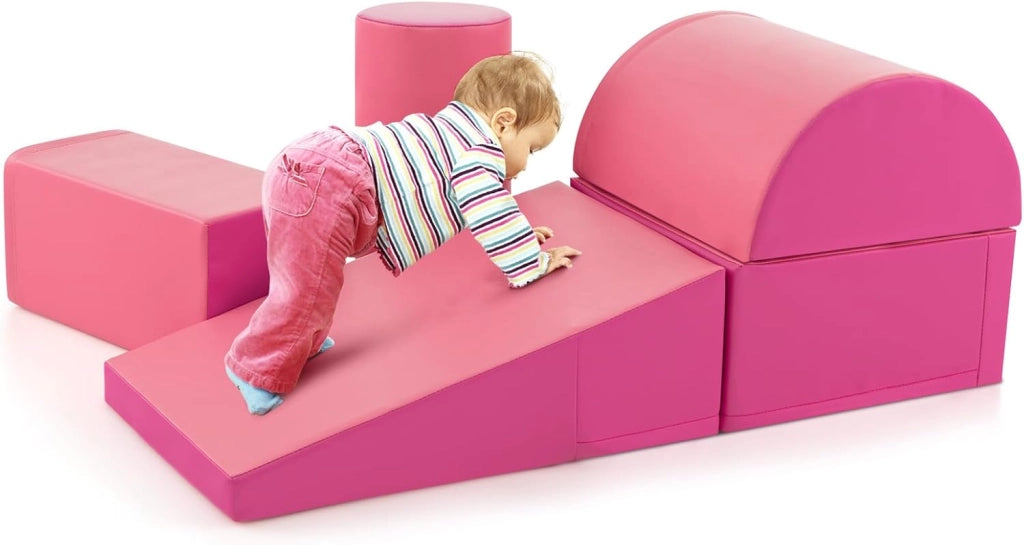 Set di 5 Blocchi con Diverse Forme e Colori, Giocattolo per Arrampicata e Strisciamento, Aiuta i Bambini a Crescere (Rosso e rosa)