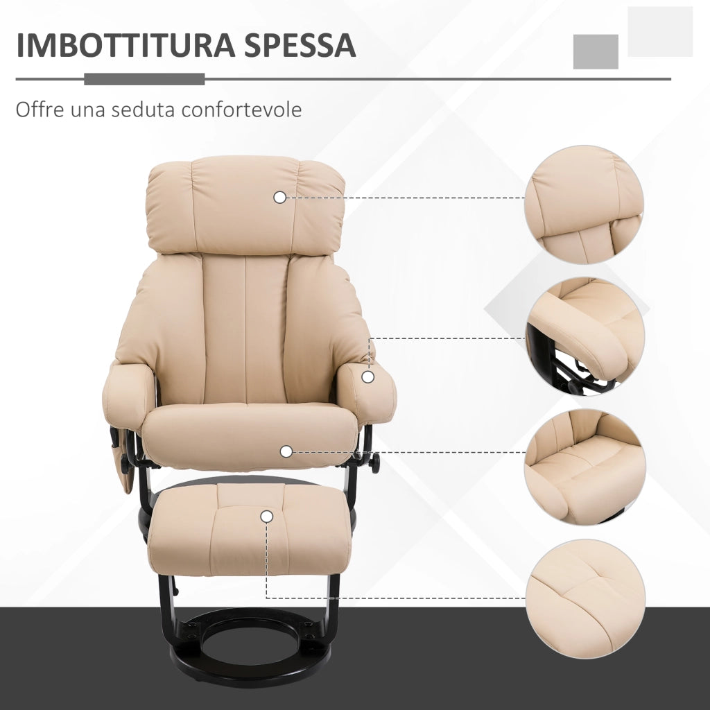 Poltrona Relax Reclinabile 76x80x102 cm Massaggiante con Pouf Poggiapiedi e Telecomando Struttura in Legno Crema