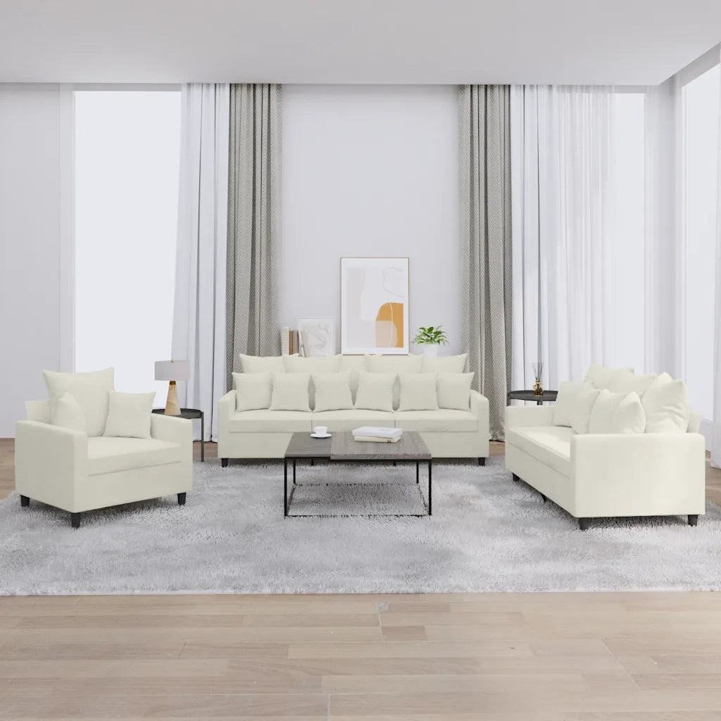 Set di Divani 3 pz con Cuscini Crema in Velluto