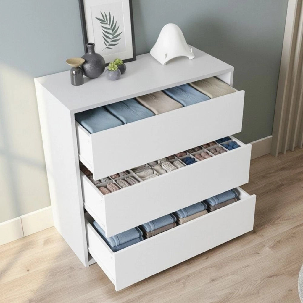 Cassettiera Antar, Settimanale a 3 cassetti, Mobile ComÒ² basso per interno armadio, Settimanale moderno, cm 60x44h57, Bianco