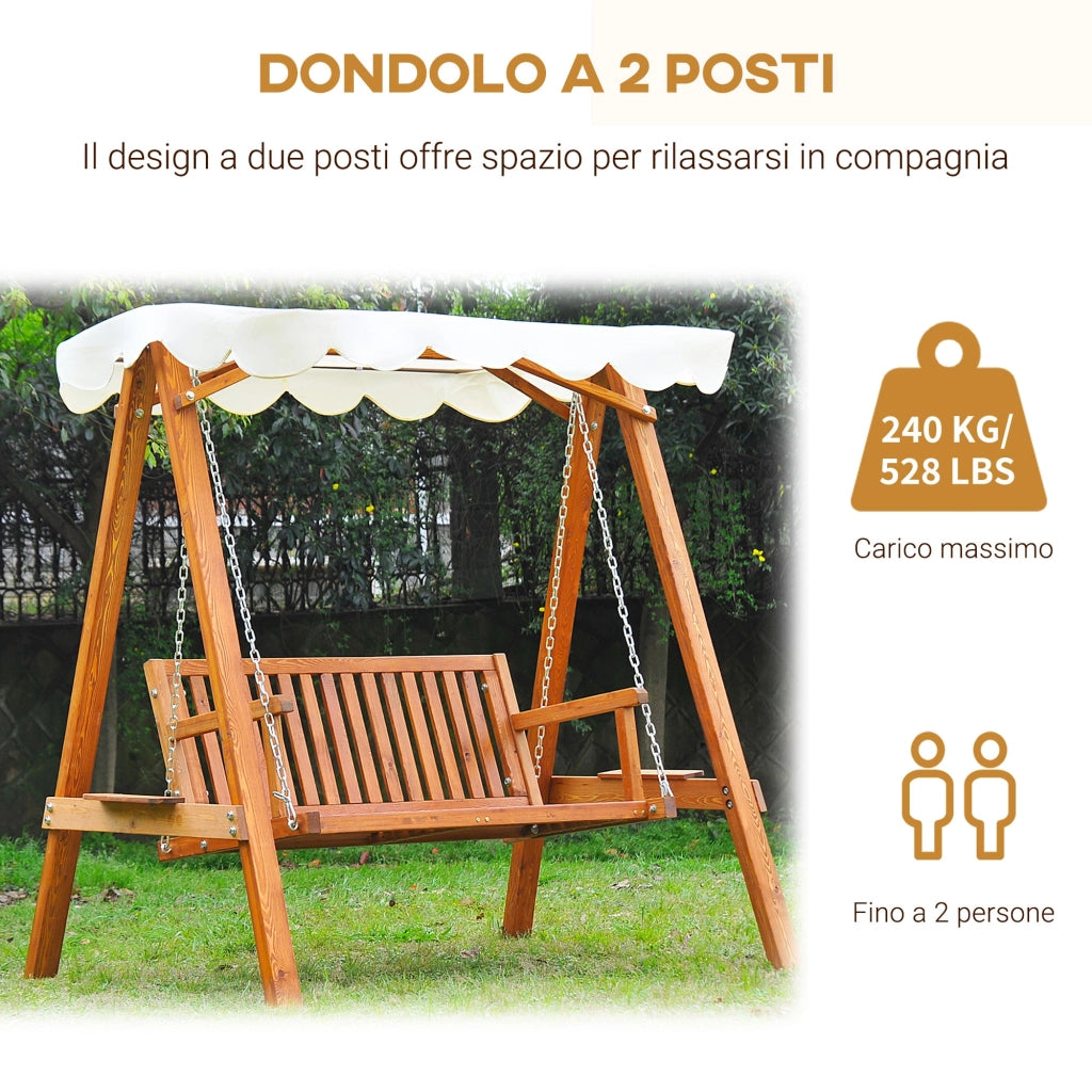 Dondolo da Giardino 2 Posti in Legno di Pino con Tettuccio Parasole Bianco